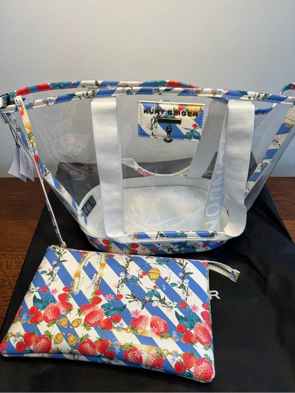 NWT Kurt Geiger Hampstead Clear Vinyl Strawberry Tote w/Pouch and Dustbag